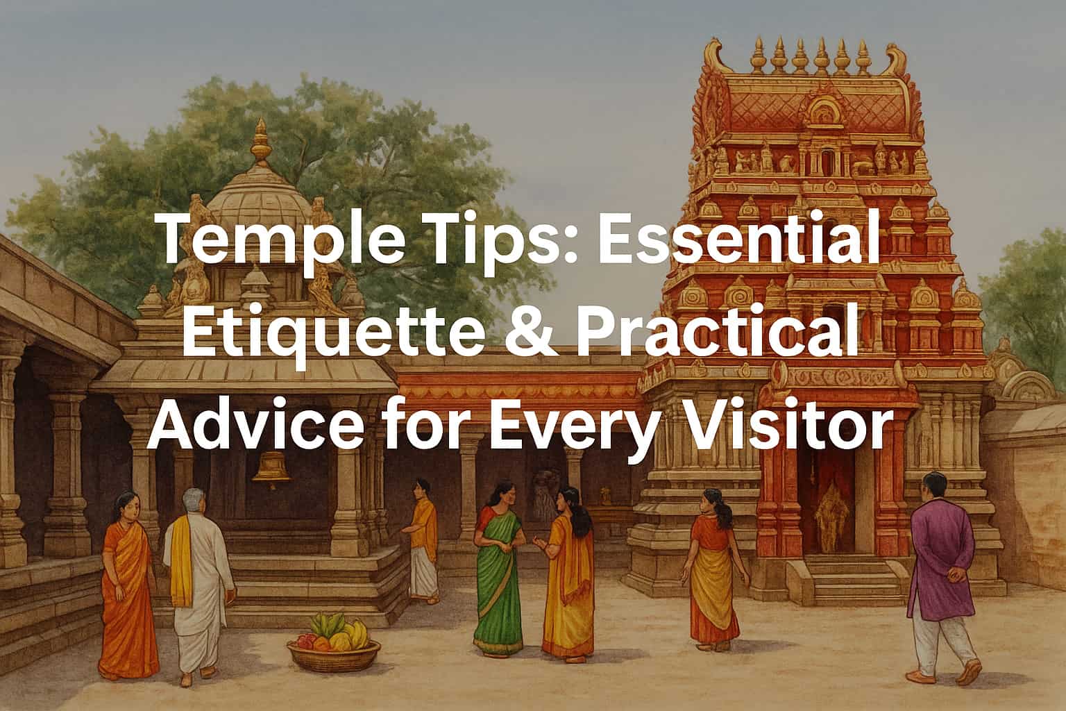Banner image for article Temple Tips: Essential Etiquette & Practical Advice for Every Visitor showing a Hindu temple with visitors in traditional attire