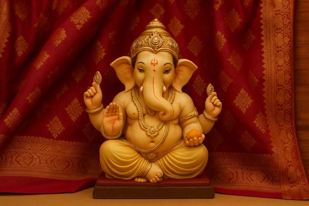 Ganesha idol with traditional red saree draped as backdrop, featuring gold zari patterns in a festive Karnataka-inspired setup.