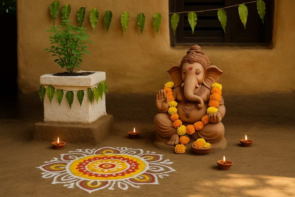 Lord Ganesha idol placed near a traditional Tulasi Katte with rangoli, mud lamps, marigold garland, and mango leaf torana in a Karnataka village-style courtyard