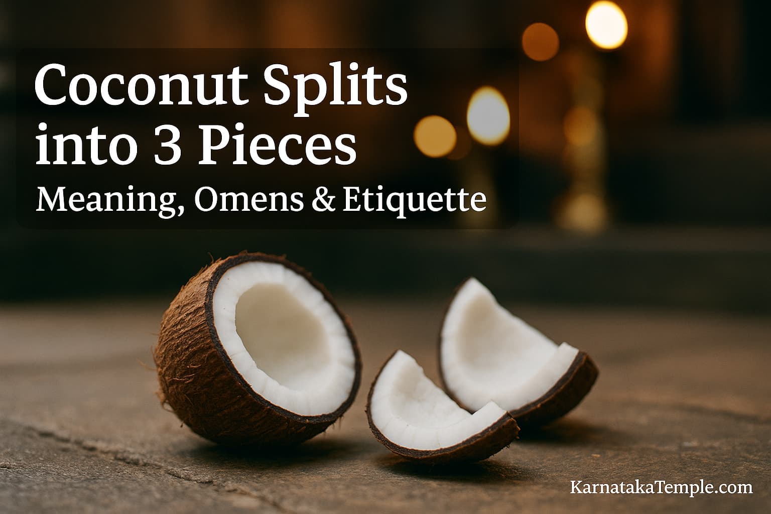 Coconut split into three pieces on a temple stone floor with diyas in the background—meaning, omens and pooja etiquette