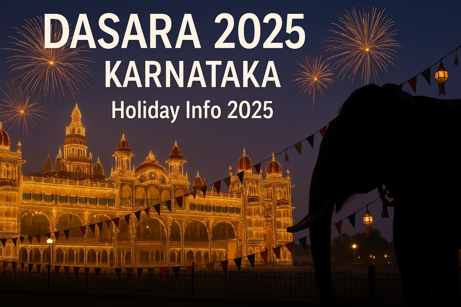 Dasara 2025 Karnataka — Mysuru Palace glowing at twilight with fireworks and an elephant silhouette; text overlay reads “Holiday Info 2025”.