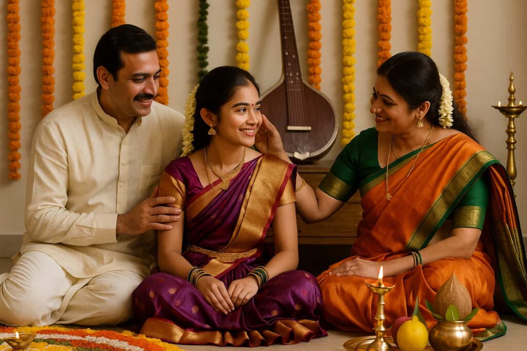 ritu-kala-samskara-half-saree-ceremony-karnataka-family Ritu Kala Samskara half-saree ceremony in Karnataka—teen girl with parents, marigold decor, diya and kalasha