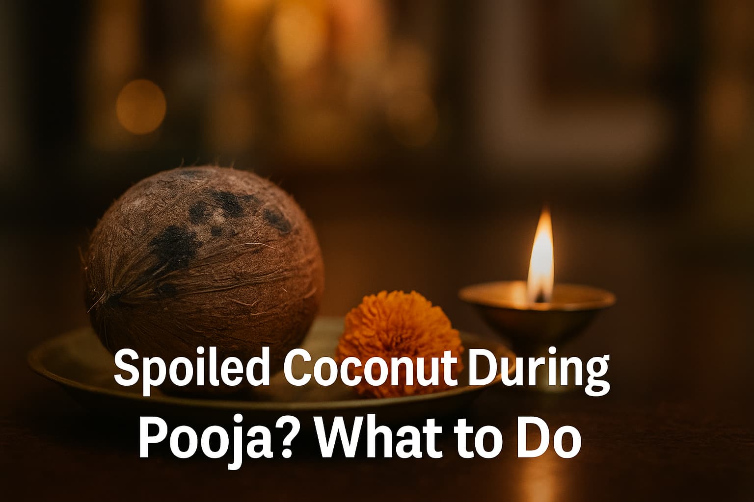 Spoiled coconut with discolored water on a temple tray, priest replacing it with a fresh coconut—meaning, guidance and safe disposal