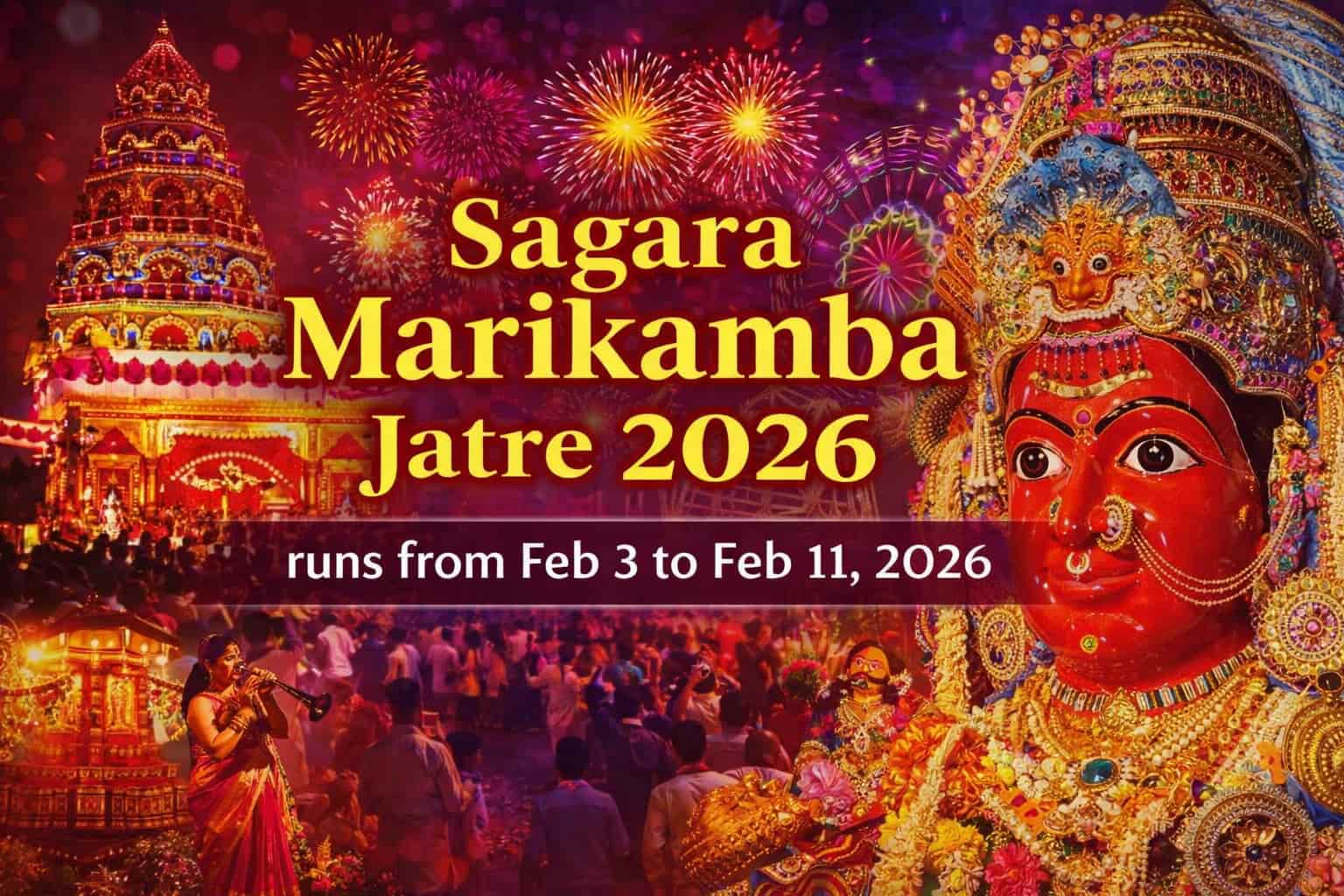 Landscape festival poster for Sagara Marikamba Jatre 2026 with Marikamba Devi and temple visuals; centered text says “Sagara Marikamba Jatre 2026 runs from Feb 3 to Feb 11, 2026”.
